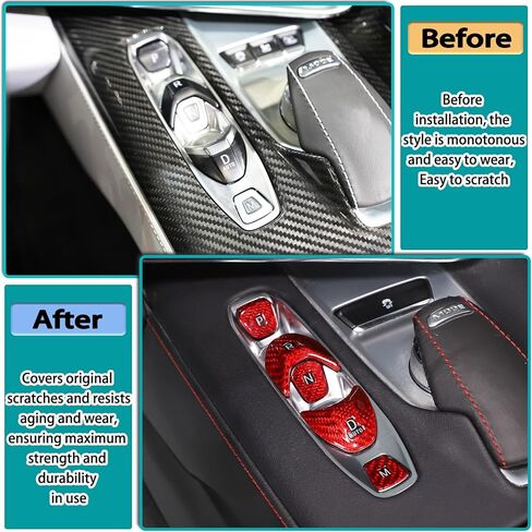 Real Carbon Fiber Center Console Gear Shift Interior Frame Panel Decorative Stickers Accessories Compatible with Corvette C8 2020-2023 (Shift Button Sticker, Red) in Saudi Arabia