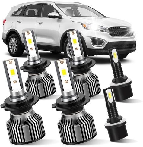 مصابيح أمامية LED ومصابيح ضباب متوافقة مع Kia Sorento 2014-2018، H7 High H7 Low Beam، مصابيح ضباب 880/881، 6000K أبيض، أكثر سطوعًا بنسبة 500%، 6 عبوات (إصدار SLX غير مناسب) in Kuwait
