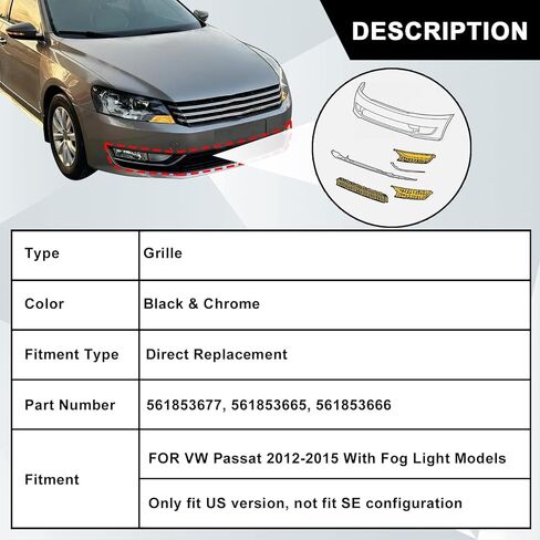 SecosAutoparts Front Bumper Lower Grille and Foglight Grill Cover Fit for Volkswagen Passat 2012 2013 2014 2015 Replace# 561853666 561853677 561853665 in Saudi Arabia