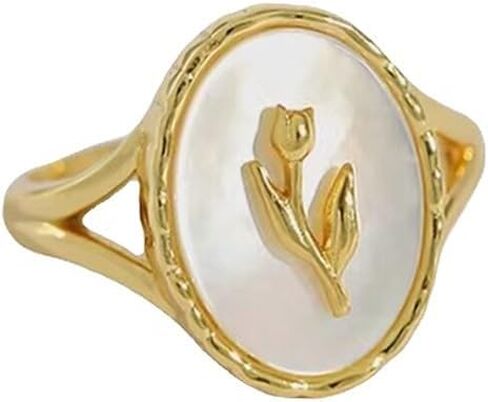 Vintage Tulip Flower Band Dainty Ring for Women Romantic Statement Oval White Shell Open Adjustable Wrap Fashion Cuff Thumb Finger Rings Engagement Promise Eternity Jewelry Gifts in Saudi Arabia