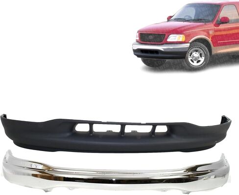 Front Bumper Chrome Steel + Valance Primed Compatible with Ford F-150 1999-2002 | DIRECT REPLACEMENT | ‎XL3Z17626AA XL3Z17757AA | ‎FO1095194 FO1002356 in Kuwait