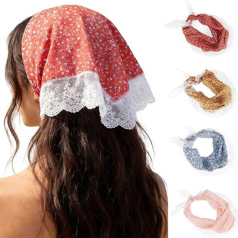 Acenail Boho Hair Bandanas Wide Floral Bandana Headbands Non Slip Tie Back Hair Scarfs Summer Lace Head Kerchief Headband Bohemian Head Wraps Fashion Hair Accessories for Women Girls 4Pcs (Daisy) in Kuwait