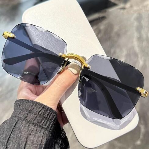 Square Rimless Frame Sunglasses for Women Men Trendy Oversized Big Large Wide Fashion Shades UV Protection Sun Glasses Unisex in Saudi Arabia
