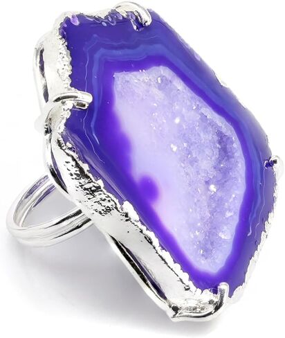 Geode Quartz Slice Druzy Crystal Quartz Gemstone Prong Setting Silver Rings for Women Sonr Size 30-40mm Approximately in Saudi Arabia