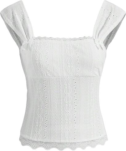 SweatyRocks Women's Summer Lace Square Neck Tank Top Sleeveless Slim Fit Eyelet Tops in Saudi Arabia
