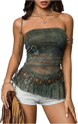 Floerns Women's Floral Ruffle Tube Tops Y2k Strapless Sleeveless Ruched Mesh Going Out Top in Saudi Arabia