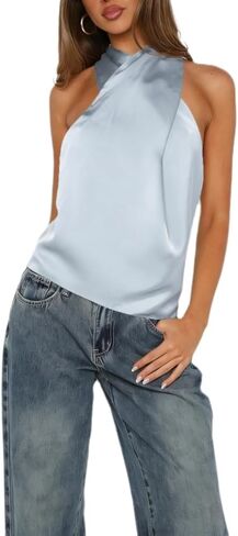 Women Y2k Silk Satin Halter Tank Top Mock Neck Bow Tie Sleeveless Sexy Open Back Summer Going Out Cami Tops in Kuwait