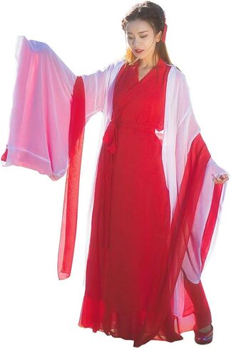 Women's Traditional Chinese Costume Flowy Hanfu Dress Outfit Martial Art Chinese Dance Performance Wear (041# White/Red, L) in Saudi Arabia