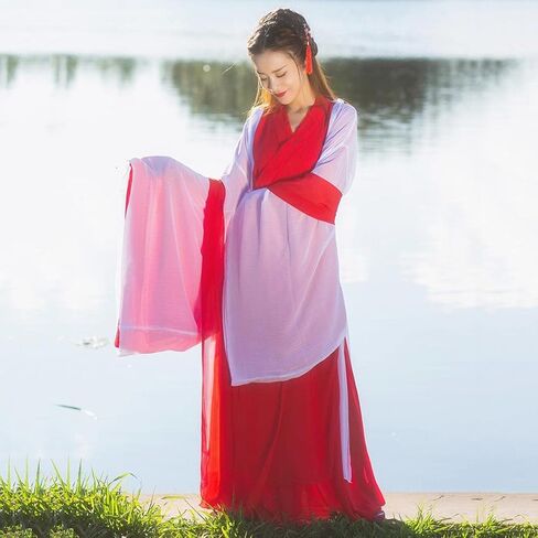 Women's Traditional Chinese Costume Flowy Hanfu Dress Outfit Martial Art Chinese Dance Performance Wear (041# White/Red, L) in Saudi Arabia