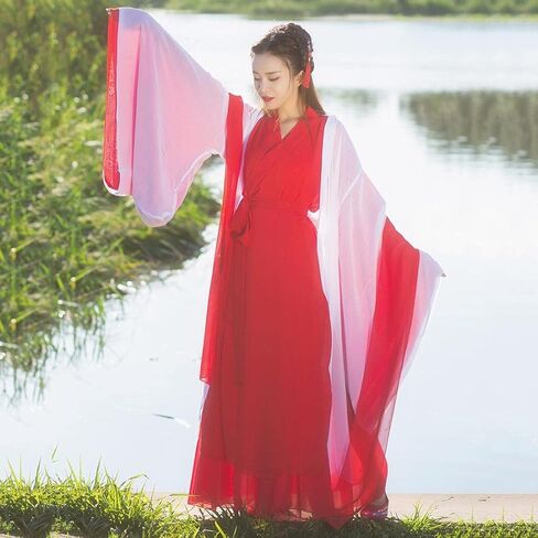 Women's Traditional Chinese Costume Flowy Hanfu Dress Outfit Martial Art Chinese Dance Performance Wear (041# White/Red, L) in Saudi Arabia