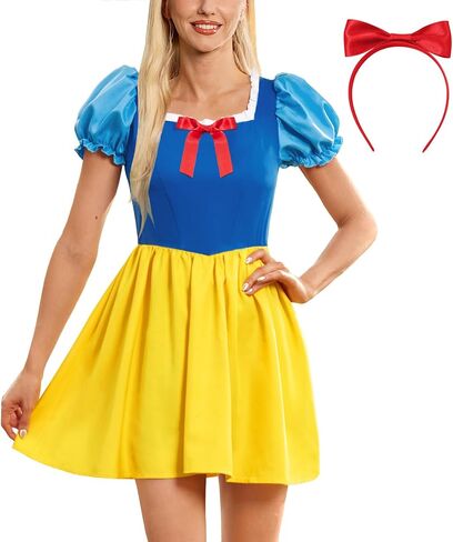 Adult Princess Style SNO White Cosplay Dress for Halloween with Puff Sleeves and Red Bow Headband S in Kuwait