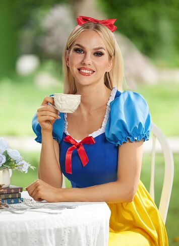 Adult Princess Style SNO White Cosplay Dress for Halloween with Puff Sleeves and Red Bow Headband S in Kuwait