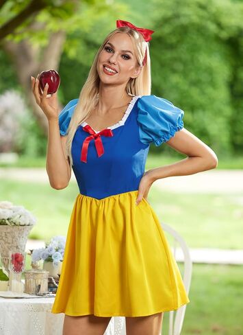 Adult Princess Style SNO White Cosplay Dress for Halloween with Puff Sleeves and Red Bow Headband S in Kuwait