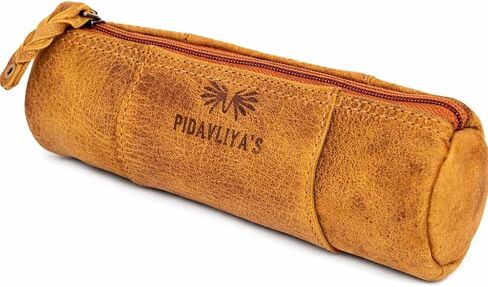 PIDAVLIYA'S Leather Pencil Case -100% Leather Zippered Pen Pouch - Pen Holder for Work & Office (Brown) Dimension in Inches 8''X2.5'' in Saudi Arabia