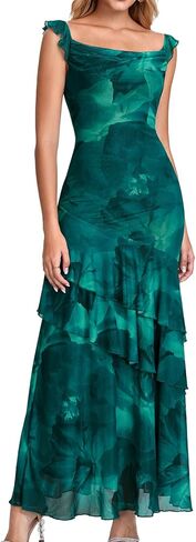 GLNEGE Women’s Floral Maxi Formal Wedding Guest Dress Mesh Ruffle Bodycon Cowl Neck Cocktail Dress Tiered Hem Vacation Dress in Kuwait