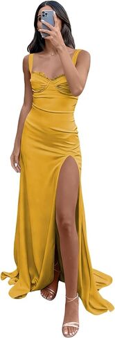 Spaghetti Straps Prom Dresses Long with Slit Mermaid Bodycon Satin Maxi Formal Evening Dress for Women ZU028 in Kuwait