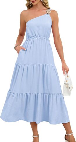 Kikibell Women's Summer One Shoulder Midi Dress Sleeveless Shirred Ruched Flowy Wedding Guest Long Sun Dresses in Kuwait