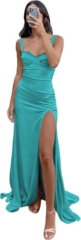 Spaghetti Straps Prom Dresses Long with Slit Mermaid Bodycon Satin Maxi Formal Evening Dress for Women ZU028 in Saudi Arabia