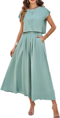 بلوزة نسائية صيفية بدون أكمام ورقبة دائرية فضفاضة كاجوال + مجموعة نصف تنورة بلون سادة مع جيوب in Kuwait