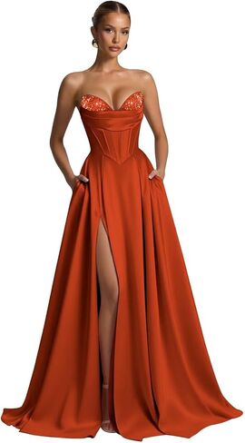 Strapless Corset Prom Dress for Women 2026 Satin Sequin Long A Line Beaded Formal Evening Ball Gown with Slit in Kuwait