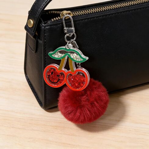 Plush Cherry Keychain Cute Fruit Bag Charms with Pom Pom Cute Fluffy Backpack Purse Charm Handbag Keyring Accessories in Saudi Arabia