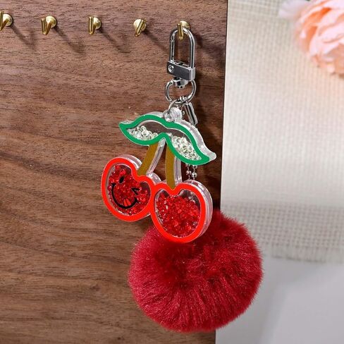 Plush Cherry Keychain Cute Fruit Bag Charms with Pom Pom Cute Fluffy Backpack Purse Charm Handbag Keyring Accessories in Saudi Arabia