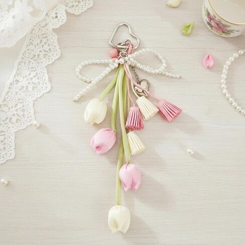 QTMY Tulip Tassel Bow Pearl Beaded Braided Keychain Bag Charms for Handbag Purse Backpack Accessories Bogg Bag,372 in Saudi Arabia