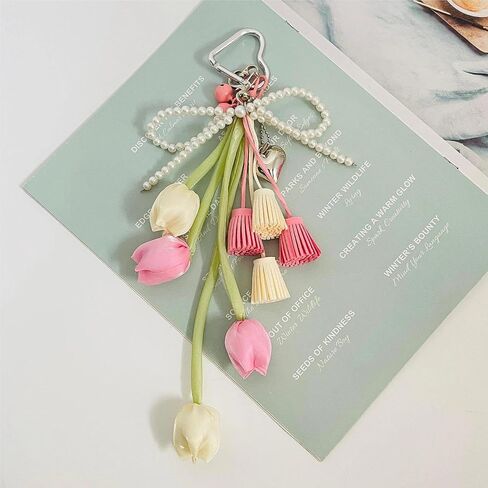 QTMY Tulip Tassel Bow Pearl Beaded Braided Keychain Bag Charms for Handbag Purse Backpack Accessories Bogg Bag,372 in Saudi Arabia