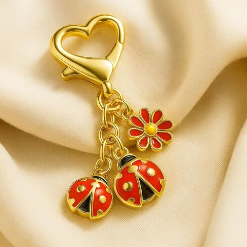 سلسلة مفاتيح الخنفساء - سلاسل مفاتيح على شكل زهرة ساحرة للنساء مع زهر أحمر نابض بالحياة وخنفساء رائعة، سلاسل مفاتيح لطيفة هدايا لمحبي الطبيعة in Kuwait