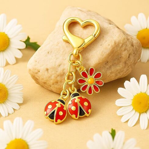 سلسلة مفاتيح الخنفساء - سلاسل مفاتيح على شكل زهرة ساحرة للنساء مع زهر أحمر نابض بالحياة وخنفساء رائعة، سلاسل مفاتيح لطيفة هدايا لمحبي الطبيعة in Kuwait