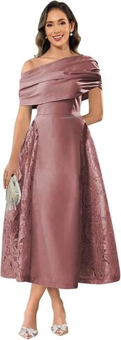 GUKARLEED Women’s Pleated Satin Mother of The Bride Dresses A-line Off The Shoulder Lace Appliques Formal Wedding Guest Dress in Kuwait