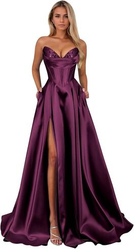 VCCICANY Strapless Prom Dresses 2026 for Women with Slit Sparkly Sequin Corset Satin Long Formal Party Gown with Pockets in Kuwait