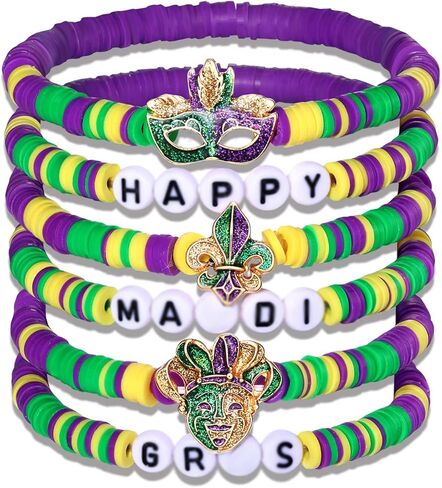 FAERLIIRY Beaded Bracelets for Women Carnival Stack beaded Bracelet Bangles Charm Elastic Bracelets Purple Green Gold Stretch Bracelets Mardi Gras Accessories (Mardi Gras-3PCS) in Kuwait