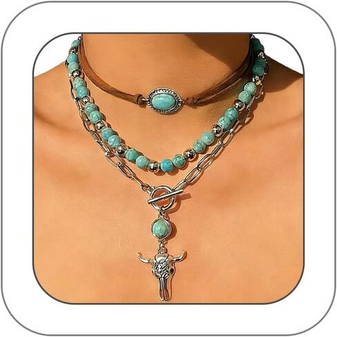 GIGB PBDK Western Turquoise Layered Chain Necklaces for Women Boho Multilevel Cactus Choker Necklace Set Tauren Link Pendant Necklaces Jewelry Gifts 2024 in Kuwait