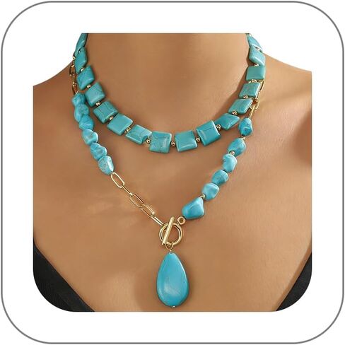 GIGB PBDK Western Turquoise Layered Chain Necklaces for Women Boho Multilevel Cactus Choker Necklace Set Tauren Link Pendant Necklaces Jewelry Gifts 2024 in Saudi Arabia