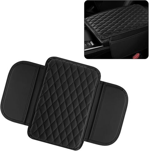 Car Center Console Armrest Cover with Storage Pockets, Universal Upgraded Microfiber Leather Center Console Organizer Protector for Most Cars SUVs Trucks Armrest Pad Interior Accessories (Black) in Kuwait