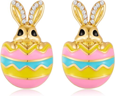 YUJIE أقراط أرنب عيد الفصح مطلية بالذهب عيار 18 قيراط مرصعة بالبيض الملون اللطيف مجوهرات لحشو سلة عيد الفصح لها in Kuwait