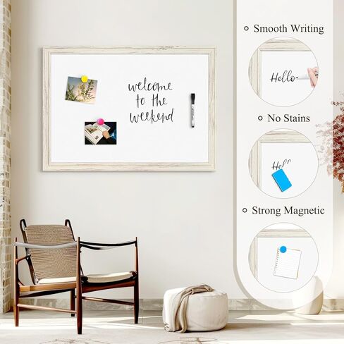 4 أفكار للمسح الجاف، 24 × 18 بوصة سبورة بيضاء مغناطيسية بيضاء عتيقة إطار خشبي مزخرف لوحة بيضاء مثبتة على الحائط للمدرسة والمكتب والمنزل، 8 مغناطيسات 4 علامات 1 ممحاة in Kuwait