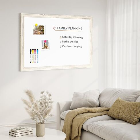 4 أفكار للمسح الجاف، 24 × 18 بوصة سبورة بيضاء مغناطيسية بيضاء عتيقة إطار خشبي مزخرف لوحة بيضاء مثبتة على الحائط للمدرسة والمكتب والمنزل، 8 مغناطيسات 4 علامات 1 ممحاة in Kuwait