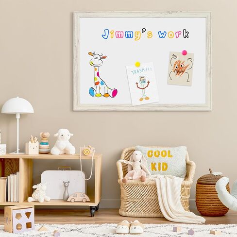 4 أفكار للمسح الجاف، 24 × 18 بوصة سبورة بيضاء مغناطيسية بيضاء عتيقة إطار خشبي مزخرف لوحة بيضاء مثبتة على الحائط للمدرسة والمكتب والمنزل، 8 مغناطيسات 4 علامات 1 ممحاة in Kuwait