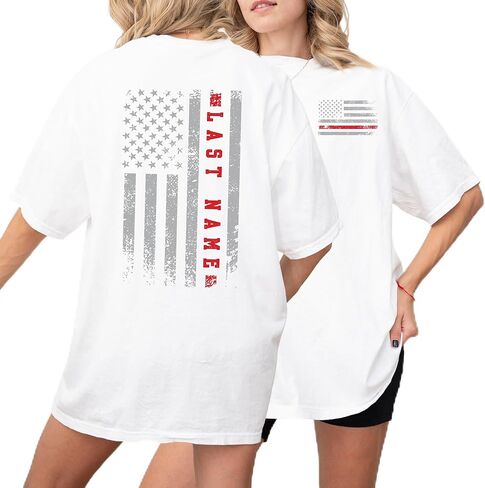 تي شيرت رجال إطفاء يحمل اسم العائلة مخصص للجنسين مع تي شيرت بألوان مريحة - ملابس رجال إطفاء فائقة النعومة وشخصية تتميز بعلم خط عمودي أحمر رفيع؛ هدية رجل الإطفاء المثالية in Kuwait