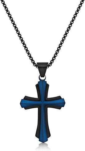 Metro Jewelry Stainless Steel Cross Pendant Necklace for Men with Black and Blue Ion Plating on 24 Inches Long Round Box Chain in Saudi Arabia