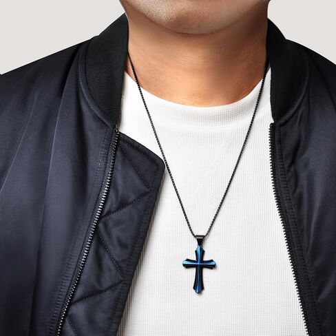 Metro Jewelry Stainless Steel Cross Pendant Necklace for Men with Black and Blue Ion Plating on 24 Inches Long Round Box Chain in Saudi Arabia