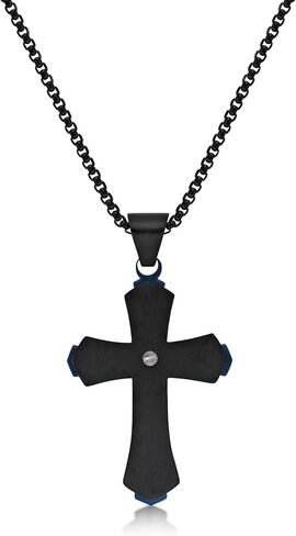 Metro Jewelry Stainless Steel Cross Pendant Necklace for Men with Black and Blue Ion Plating on 24 Inches Long Round Box Chain in Saudi Arabia
