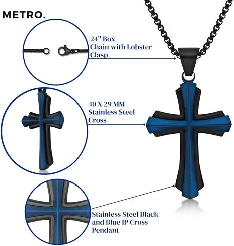 Metro Jewelry Stainless Steel Cross Pendant Necklace for Men with Black and Blue Ion Plating on 24 Inches Long Round Box Chain in Saudi Arabia