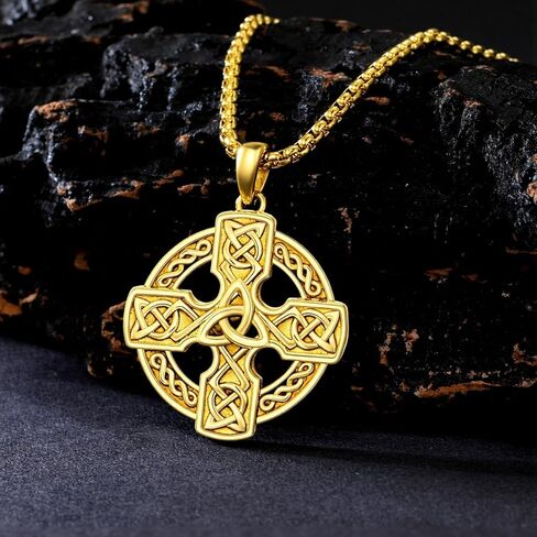 Mens Celtic Cross Necklace mens 18K Gold Plated celtic cross pendant Celtic Amulet Necklace Protection Jewelry Religious Gifts with 2.5mm 24" Adjustable Rolo Chain in Saudi Arabia