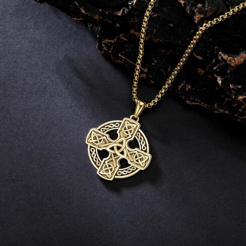 Mens Celtic Cross Necklace mens 18K Gold Plated celtic cross pendant Celtic Amulet Necklace Protection Jewelry Religious Gifts with 2.5mm 24" Adjustable Rolo Chain in Saudi Arabia