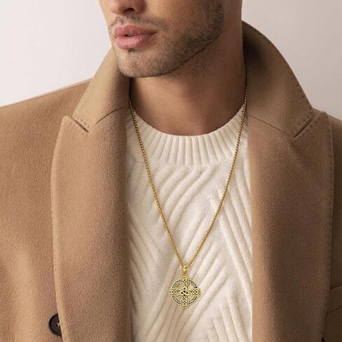 Mens Celtic Cross Necklace mens 18K Gold Plated celtic cross pendant Celtic Amulet Necklace Protection Jewelry Religious Gifts with 2.5mm 24" Adjustable Rolo Chain in Saudi Arabia