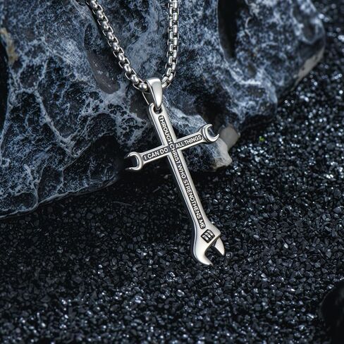 Cross Necklace for Men 925 Sterling Silver Philippians 4:13 I CAN DO ALL THINGS Wrench Cross Pendant Bible Verse Jewelry in Saudi Arabia