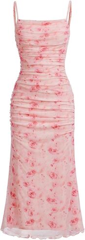 Wdirara Girl's Floral Print Square Neck Mesh Alcyfeless Ruched Cami Dress Party Bodycon Dresses in Saudi Arabia